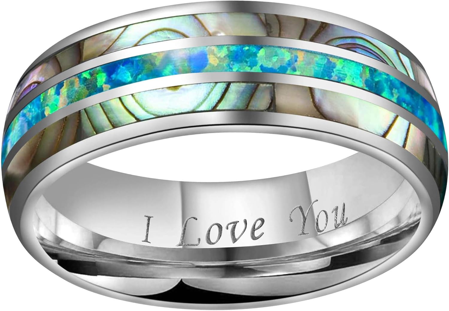 CROWNAL 8mm Blue Opal and Abalone Shell Inlay Tungsten Carbide Ring Men Women Wedding Band High Polished Engraved I Love You Size 7 to 17