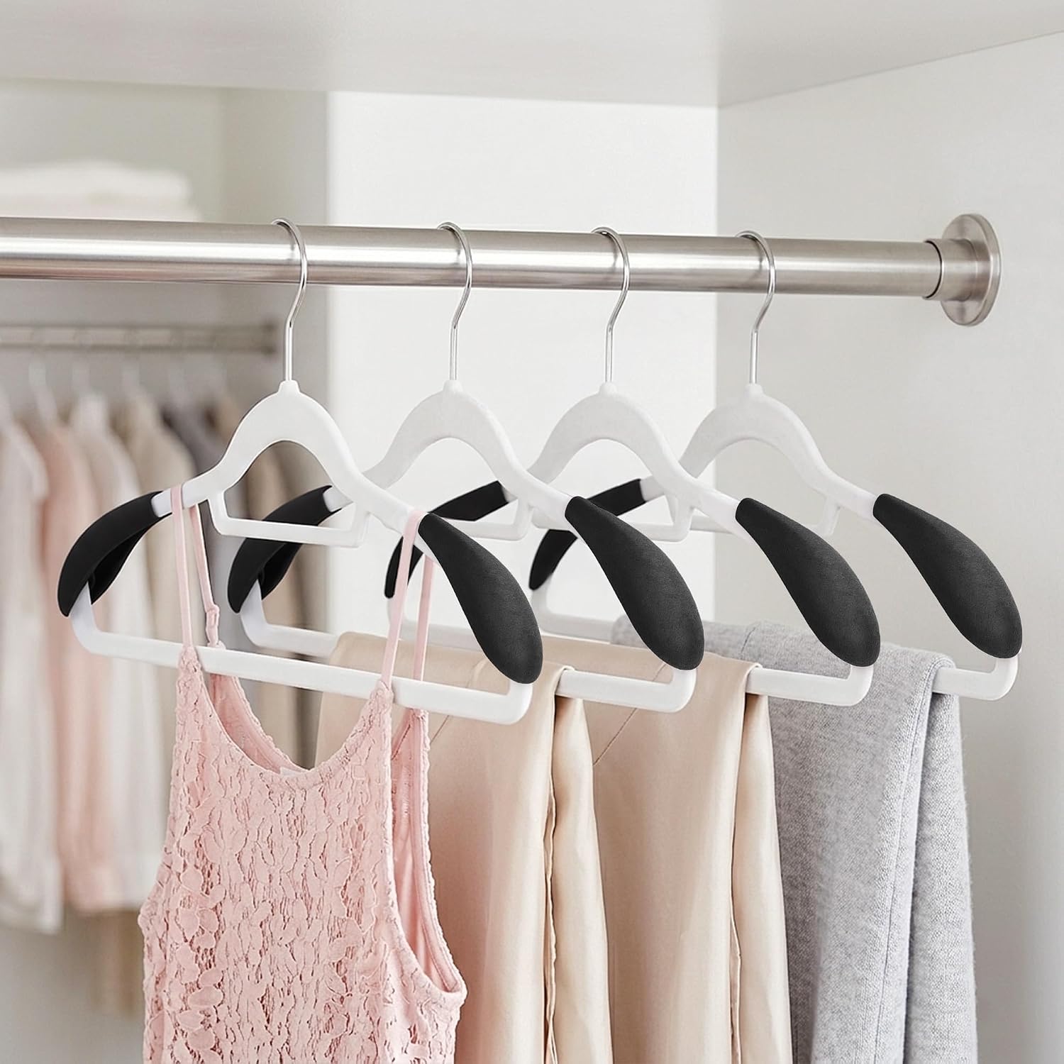 Velvet Hanger Shoulder Form Shaper – 10Pcs Pads Flocking and Plastic Shoulder Protectors for Velvet Flocking Hangers with 0.2 Inch Thickness, Non-Slip Design (Black)