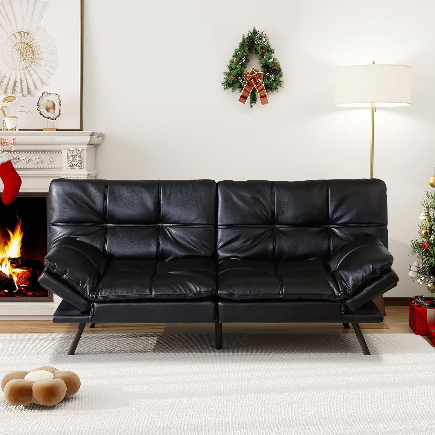 MUUEGM Faux Leather Futon Sofa Bed, Convertible Memory Foam Modern Couch Bed for Living Room,Compact Space,Apartment,Office,Adjustable Backrests Armrests Couch Sleeper,71" Loveseat, Black