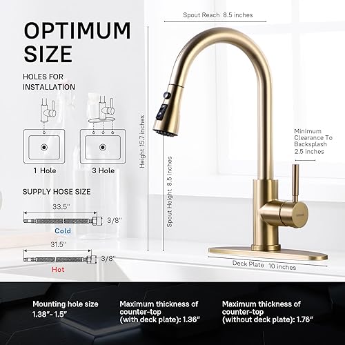 Miniatura 2 de Grifo de cocina dorado cepillado con rociador extraíble WEWE, grifo de cocina dorado monomando de acero inoxidable latón cobre comercial RV 1 o 3