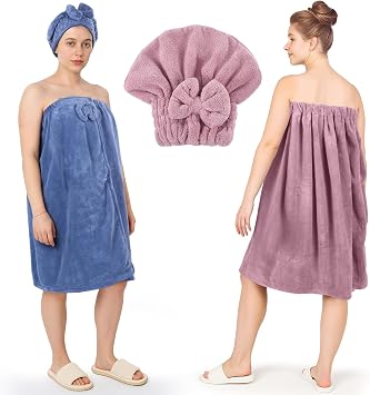 JIEYAO 2 Sets Plus Size Towel Wraps for Women, Bath Towel Dress with Hair Towel, Spa Shower Towel Wrap Adjustable Oversized Body Wrap Wearable Bath Wrap for Quick Drying Hair and Body