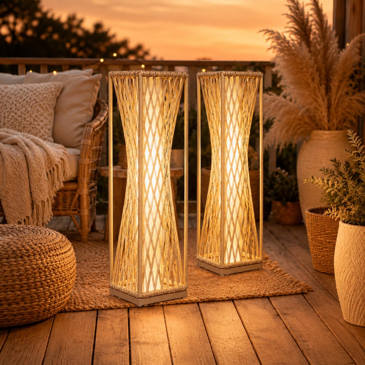 Solar Yard Outdoor Solar Floor Lamp Resin Wicker Solar Light Outdoor Waterproof for Yard, Garden, Pathway, Deck, Dazzle Dance (Natural, 2 Piece)
