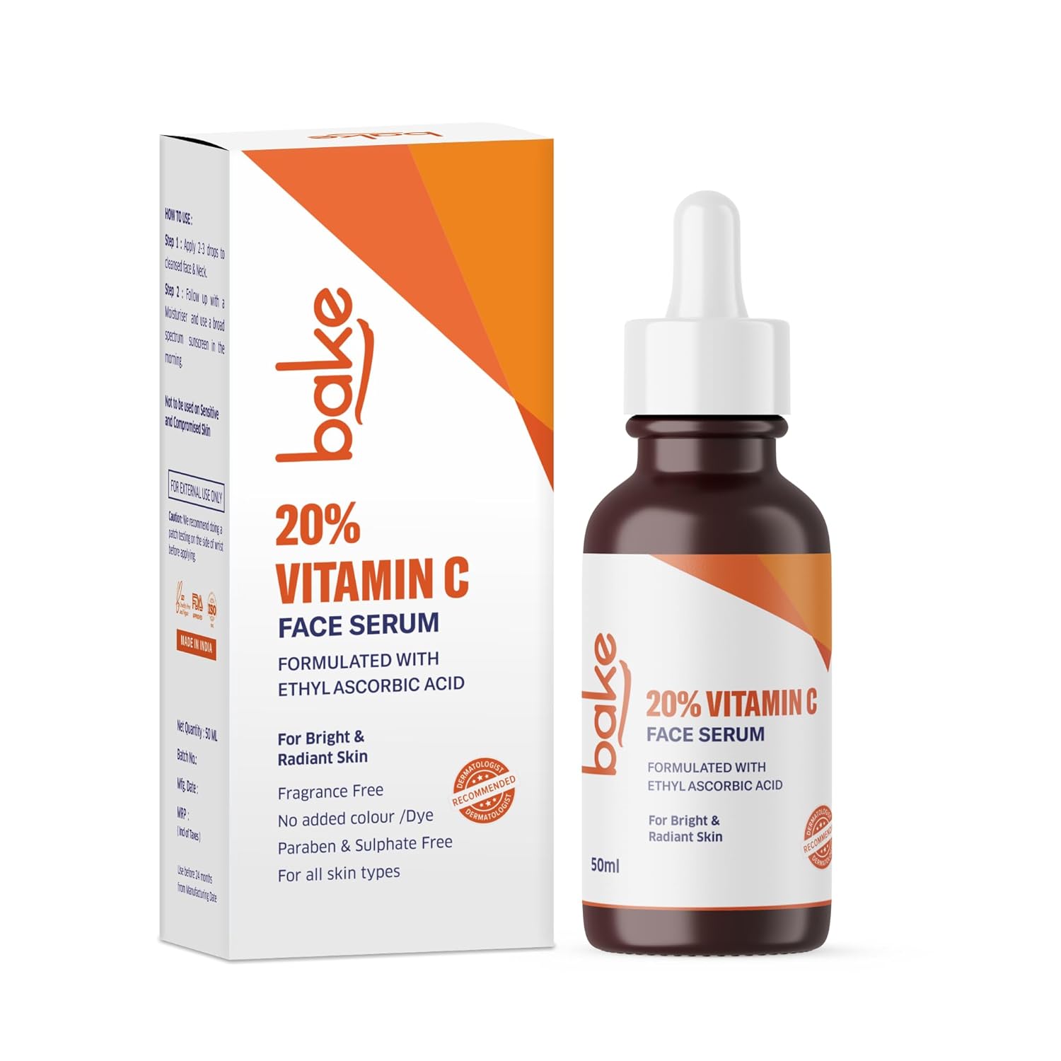 BAKE 20% Vitamin C Face Serum For Glowing & Bright Skin | Formulated with Ethyl Ascorbic Acid | Reduces Pigmentation & Dark Spots | For All Skin Types | 30ml