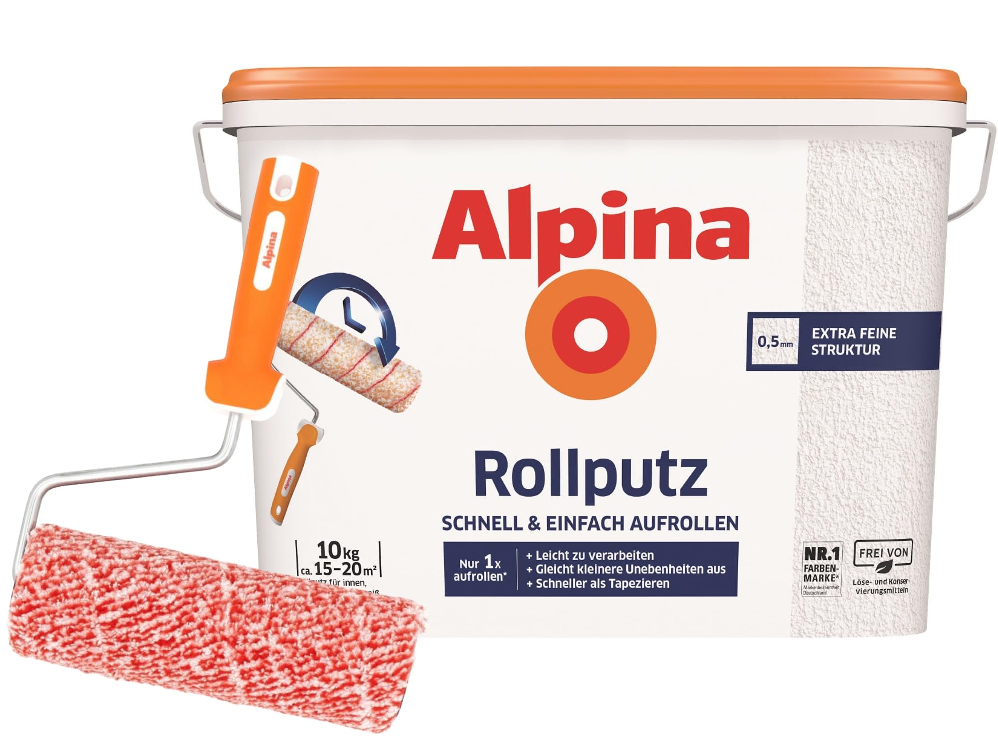 Alpina Rollputz Weiß + Farbroller – Strukturputz für Innenwände mit robuster Oberfläche – gebrauchsfertig, stoßfest & überstreichbar – 10 kg