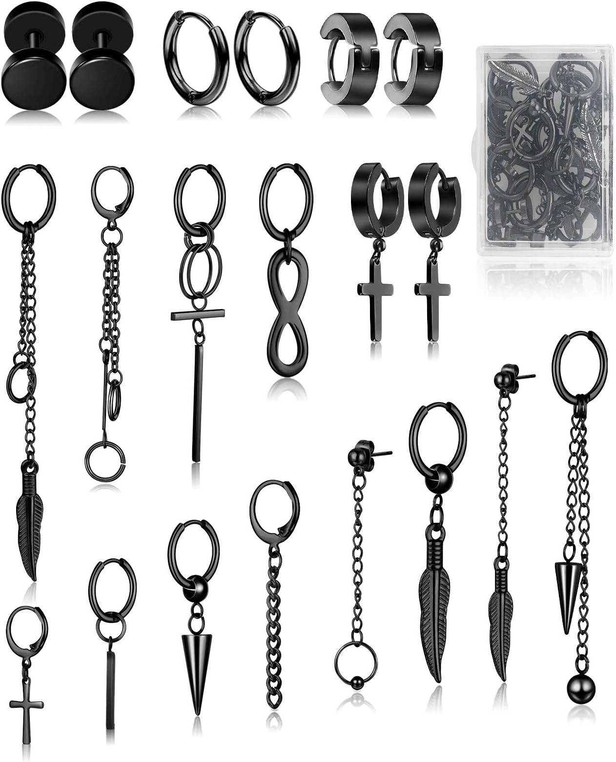 Cross Dangle Earrings for Men 20 Pieces, Stainless Steel Stud Hinged Hoop Earrings, Long Chain Kpop Earrings for Women, Black and Silver