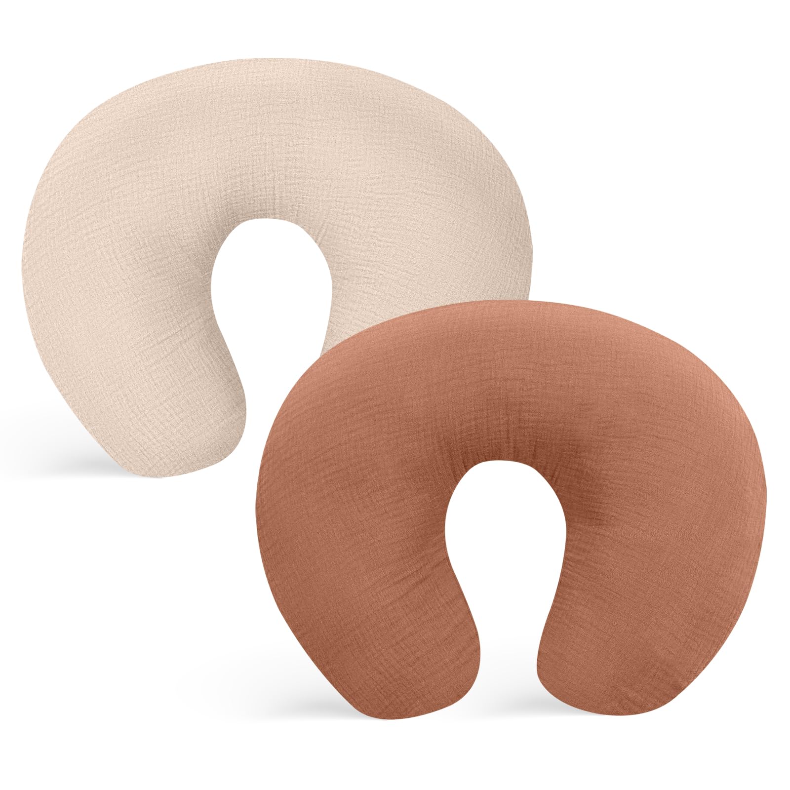 Winmany 2 Pack Muslin Nursing Pillow Covers Soft Cotton Newborn Breastfeeding Pillow Cover Baby Removable Feeding Pillow Slipcover for Boys Girls (Brown + Beige)