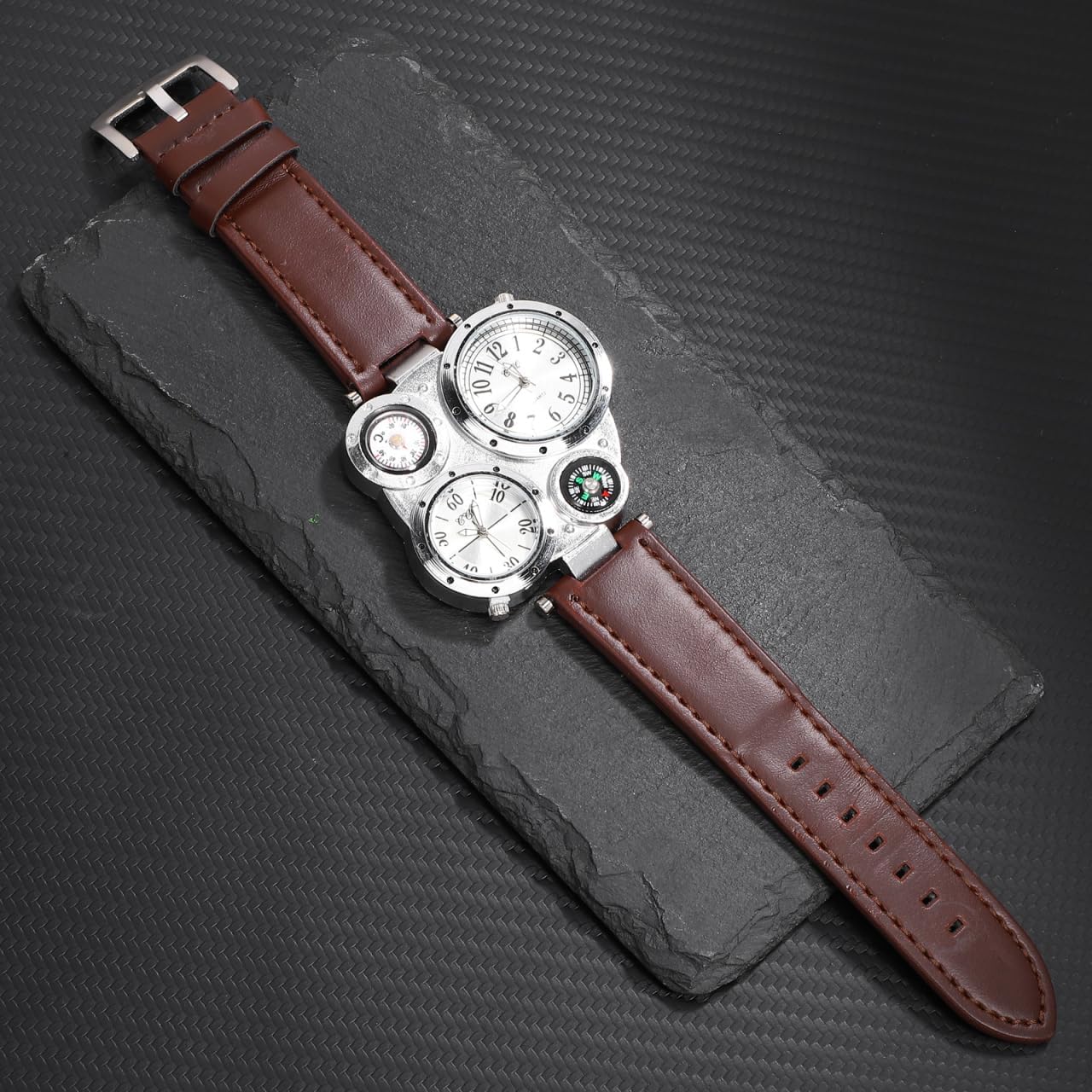NICERIO Mens Big Face Watches - Cool Wrist Watch Genuine Leather Strap Dual Time Zone Sport Watch Analog Quartz Display with Thermometer Compass - Image 6