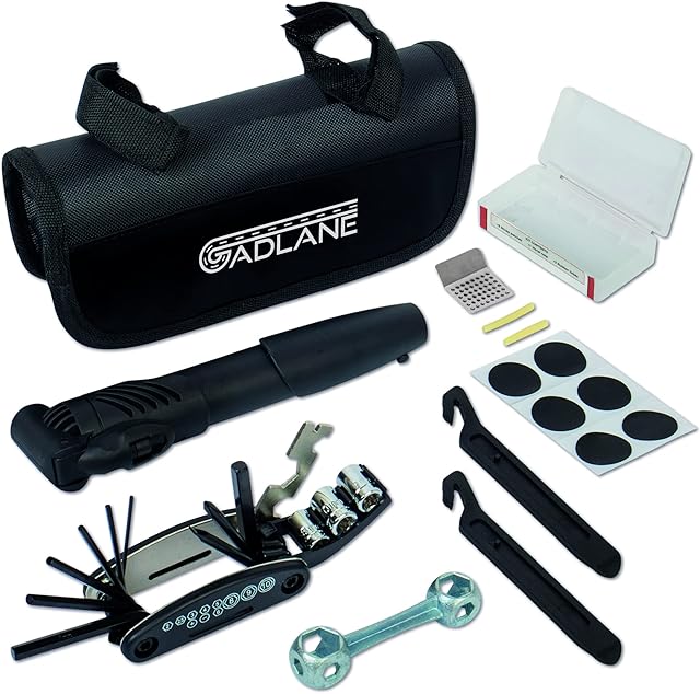 GADLANE Puncture Repair Kit With Mini Bike Pump - 16 In 1 Multi Tool Kit, Bone Wrench, Glueless Tube Repair Kit, 2 x Tyre Levers, Valve Adaptor & Frame Mounted Storage Case - Bike Tyre Repair Kit
