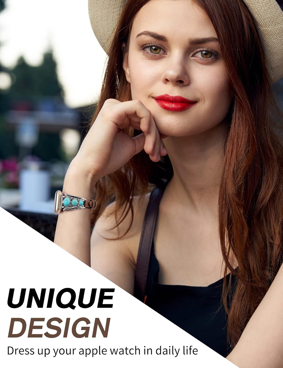 Minyee Leather Band Compatible with Fitbit Versa 4/Versa 3/Sense 2/Sense Band Women, Western Turquoise Boho Vintage Cowboy Retro Jewelry Adjustable Slim Replacement Wristband Strap for Versa 4/ Sense