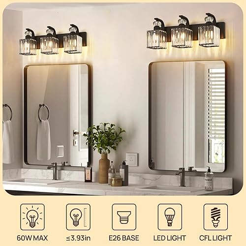 Miniatura 4 de Moderna lámpara de tocador de baño, 3 luces negras sobre espejo, lámpara de pared de cristal de 20.5 pulgadas para bañodormitoriotocador, incluye