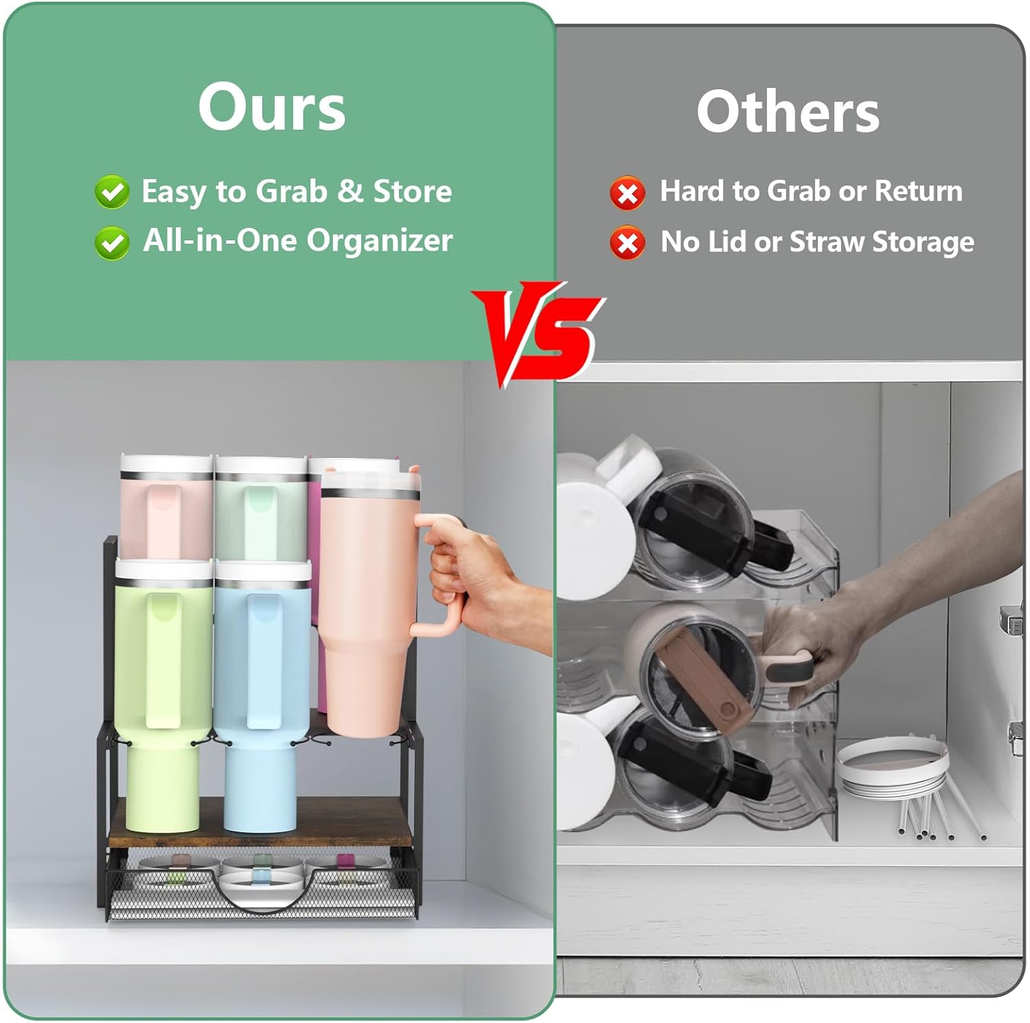 Water Bottle Organizer for Stanley, 3-Tier Tumbler Organizer Rack with Storage Basket for Cup Accessories, Stanley Cup Holder for Kitchen Counter or Cabinet