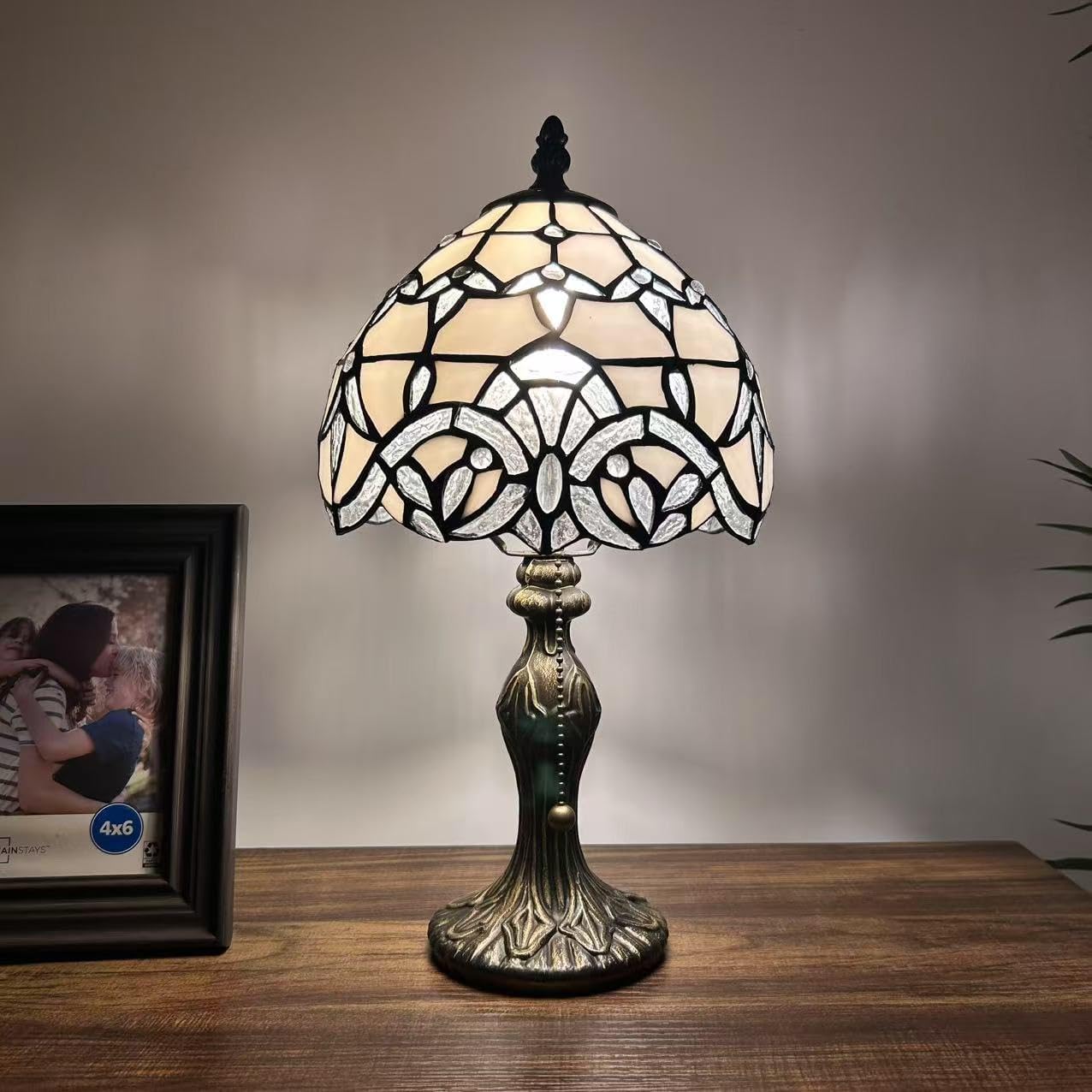 White Stained Glass Mini Table Lamp Baroque Style Lavender LED Bulb Included Bedroom Living Room 8" W15 H