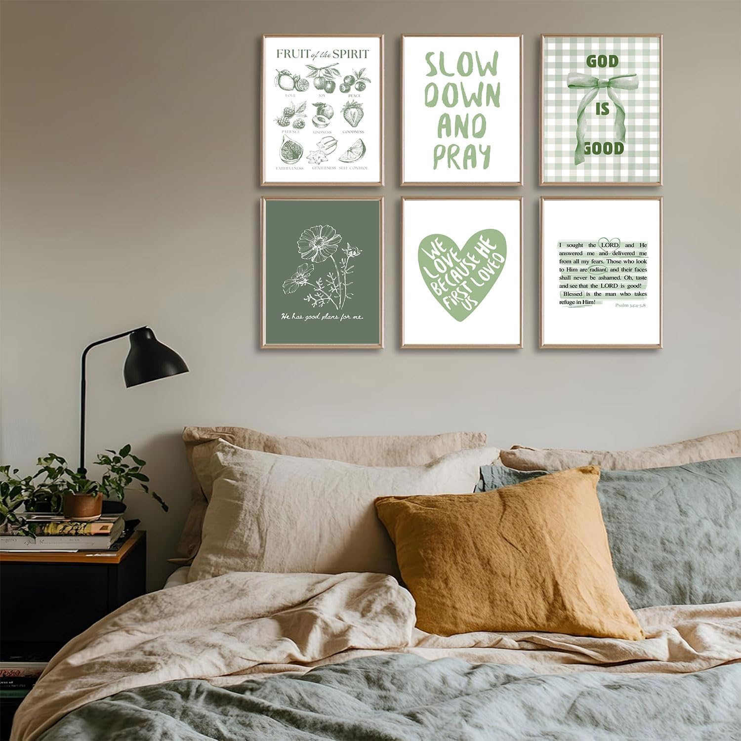 Set of 6 Christian Wall Art Bible Verse Canvas Wall Decor pictures Green Botanical Floral Scripture Poster Prints for Girls Room Living Room Bedroom Home Decor Unframed (12x16in poster)