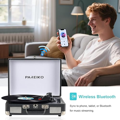 Miniatura 5 de Tocadiscos portátil con tocadiscos de 3 velocidades, conectividad Bluetooth, batería incorporada de 1800 mAh, diseño retro de maleta para amantes de