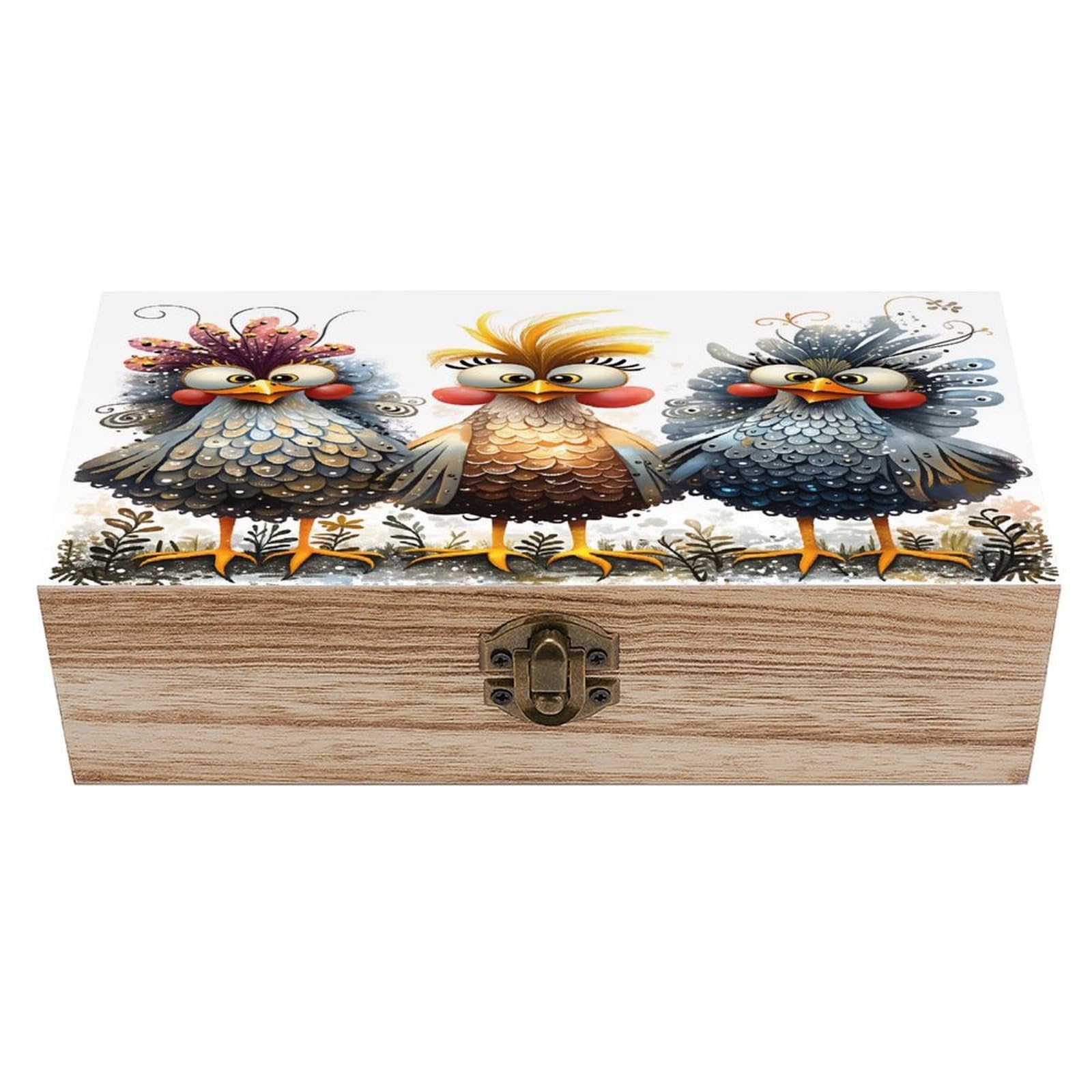 HLBSDM Colorful Chickens Vintage Wooden Keepsake Box with Hinged Lid And Locking Clasp, Decorative Storage Box for Jewelry, Trinkets And Small Accessories, Organizer for Home Or Wedding