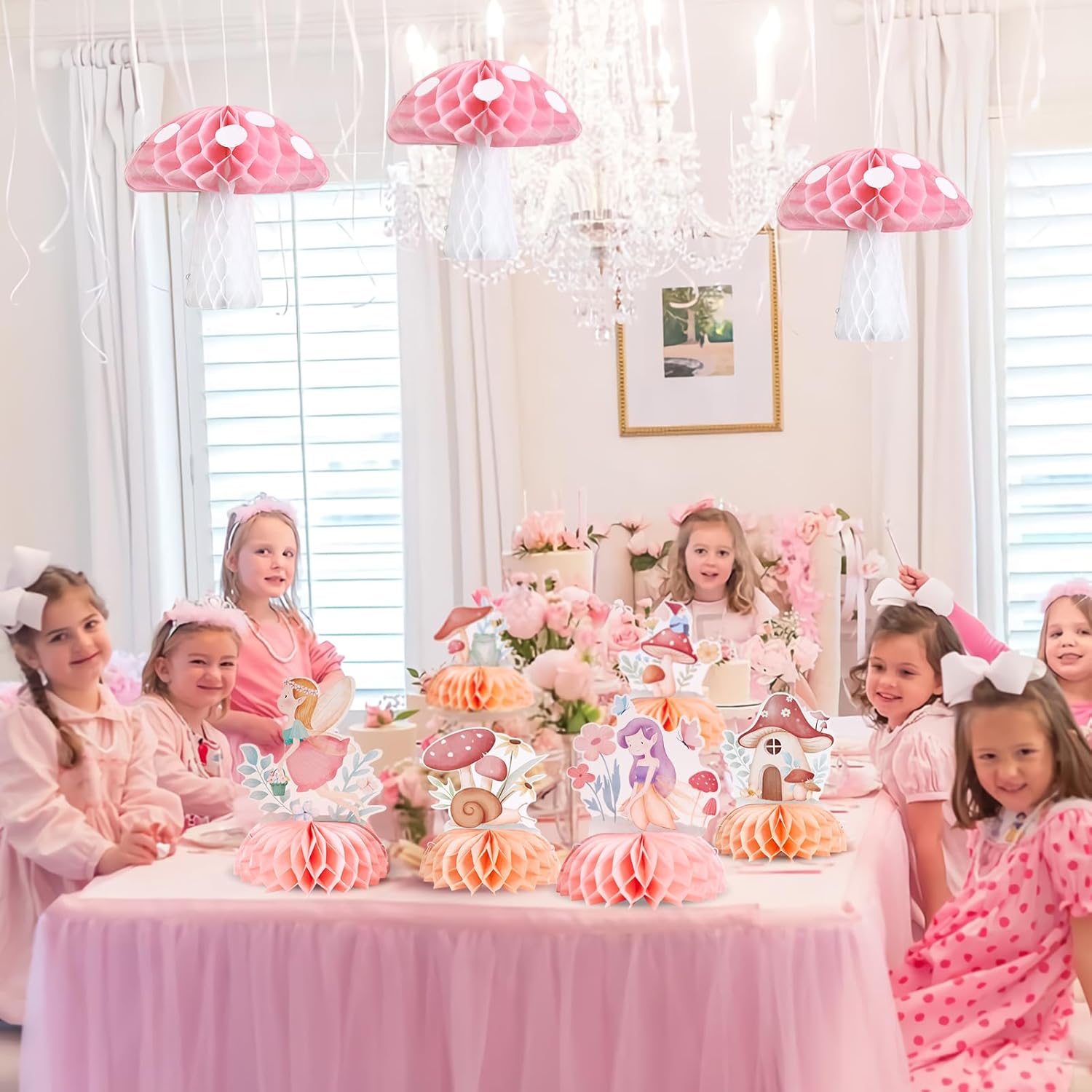 SUNBEAUTY 12 PCS Fairy First Birthday Decoration Fairy Centerpieces for Tables Mushroom Honeycomb Centerpieces Butterfly Flowers Birthday Party Decorations for Spring Garden Baby Shower