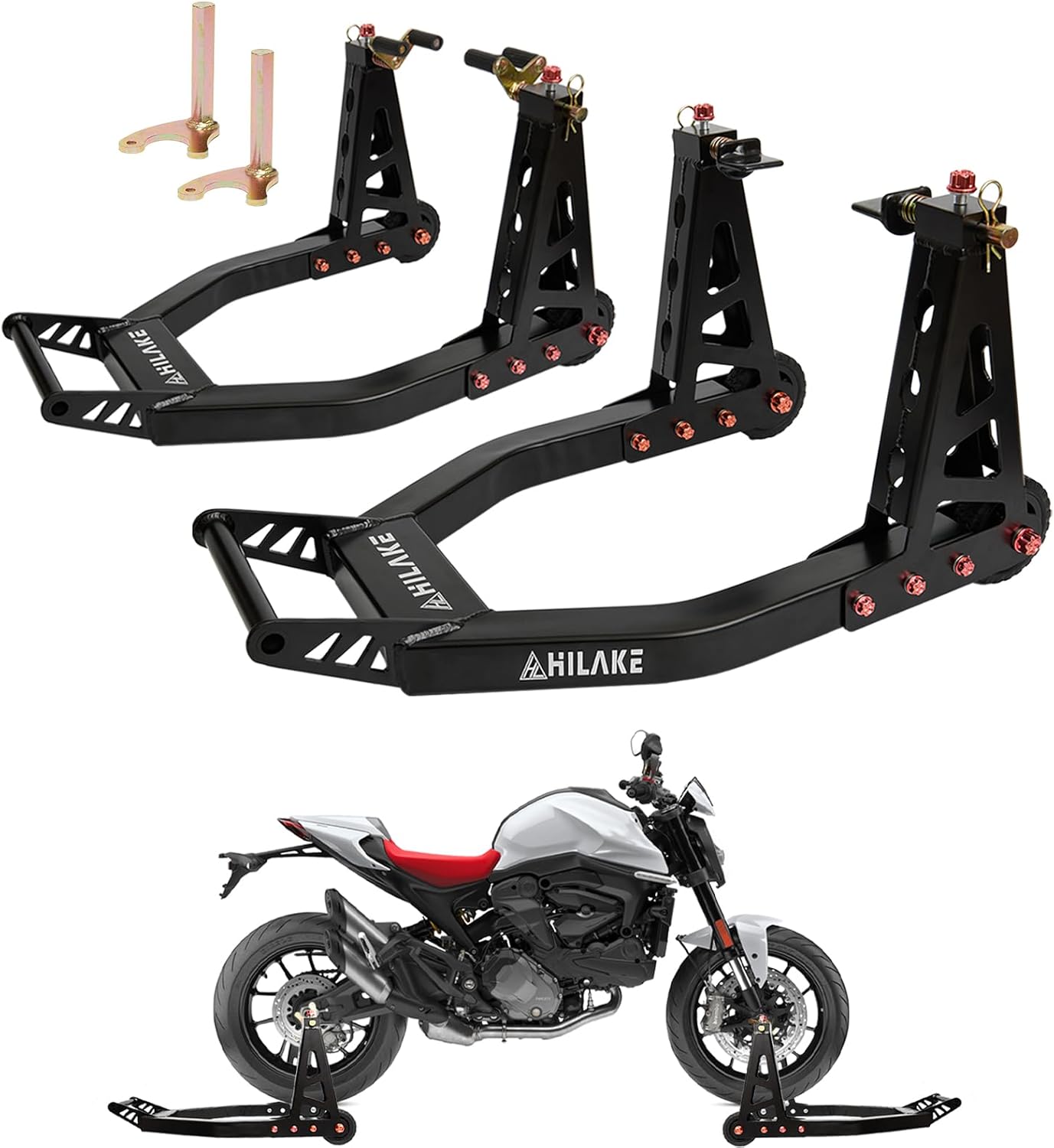Aluminum Motorcycle Stands Front and Rear 880lbs Heavy Duty Wheel Lift Combo Swingarm Spool Peddock Stand for Yamaha Honda Kawasaki Suzuki U+L Black