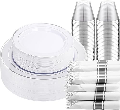 Miniatura 18 de DaYammi Juego de vajilla de plástico dorado de 350 piezas para 50 invitados, platos desechables elegantes para fiestas, incluye: 50 platos llanos,