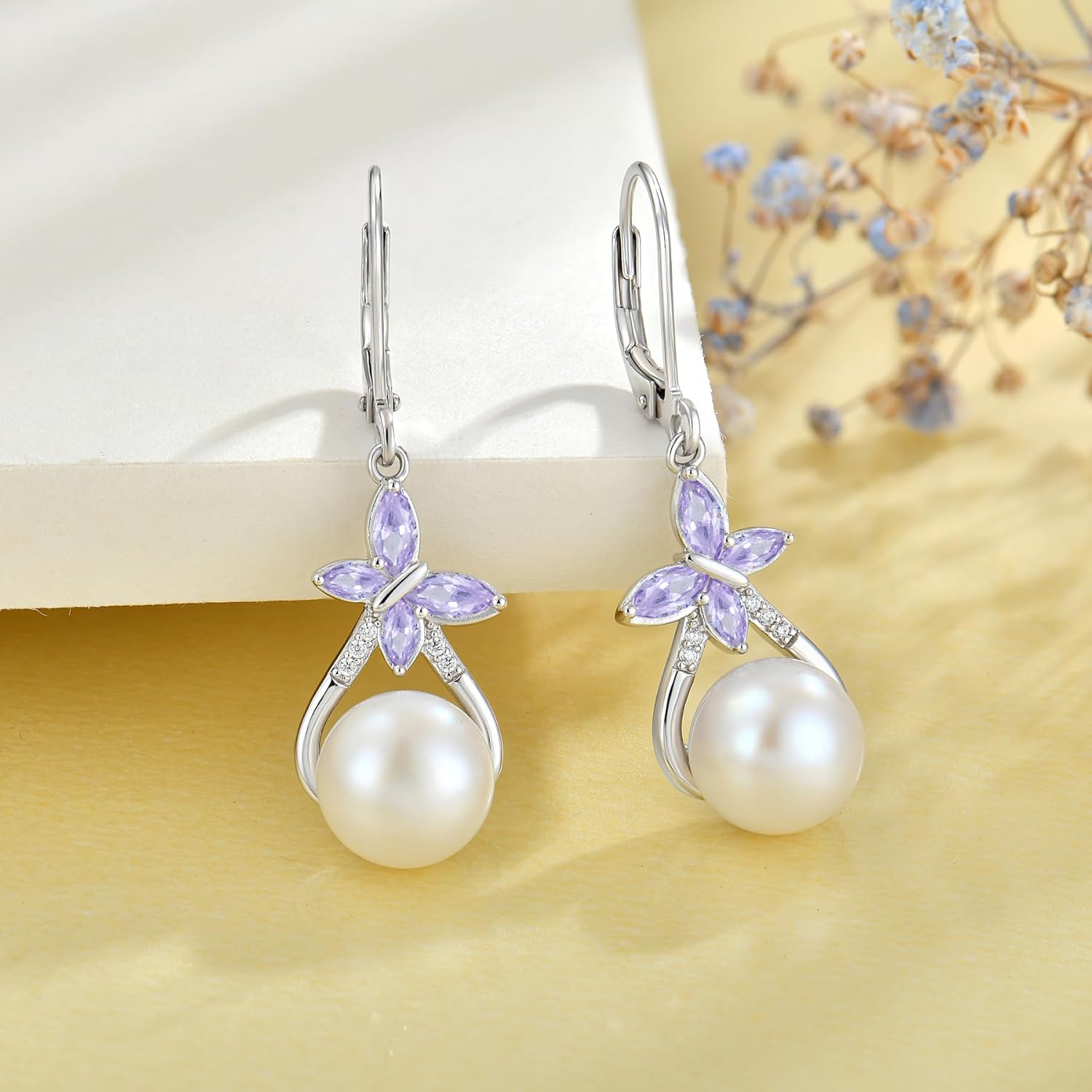 JO WISDOM Pearl Earrings 925 Sterling Silver Butterfly Birthstone 10mm Freshwater Cultured Pearl Leverback Dangle Earrings Jewelry for Women