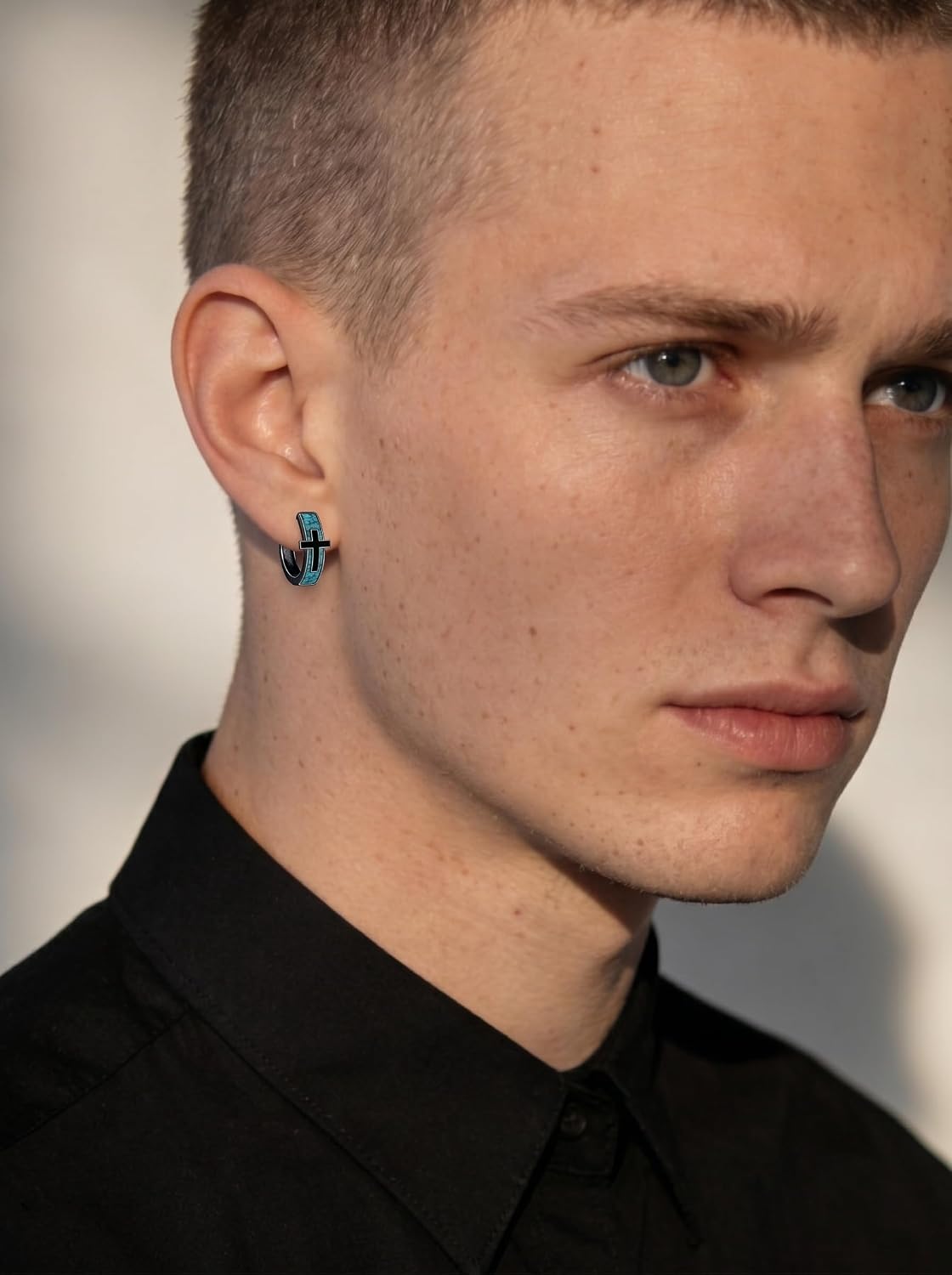 Poiuy Turquoise Hoop Earrings for Men, Black Huggie Earrings Vintage Mens Black Ear Jewelry Gifts for Men Boyfriend Son