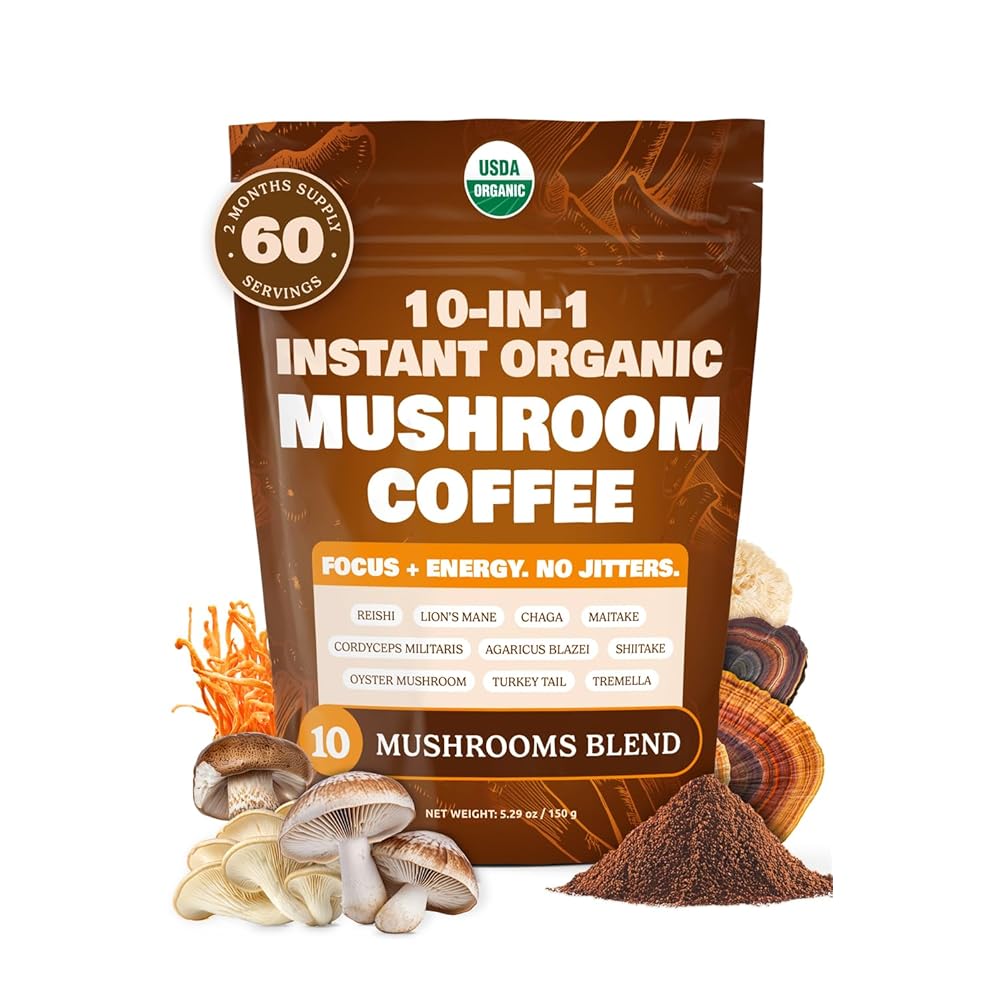 10-in-1 USDA Certified Organic Mushroom Coffee Instant, Instant Mushroom Coffee Brazilian Dark Roast for Better Energy, Focus, Gut Health, 60 Servings Regular Caffeine - ShroomDNA