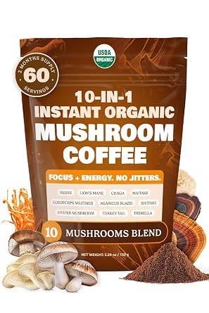 MATCHA DNA 10-in-1 USDA Certified Organic Mushroom Coffee Instant, Instant Mushroom Coffee Brazilian Dark Roast for Better Energy, Focus, Gut Health, 60 Servings Regular Caffeine - ShroomDNA