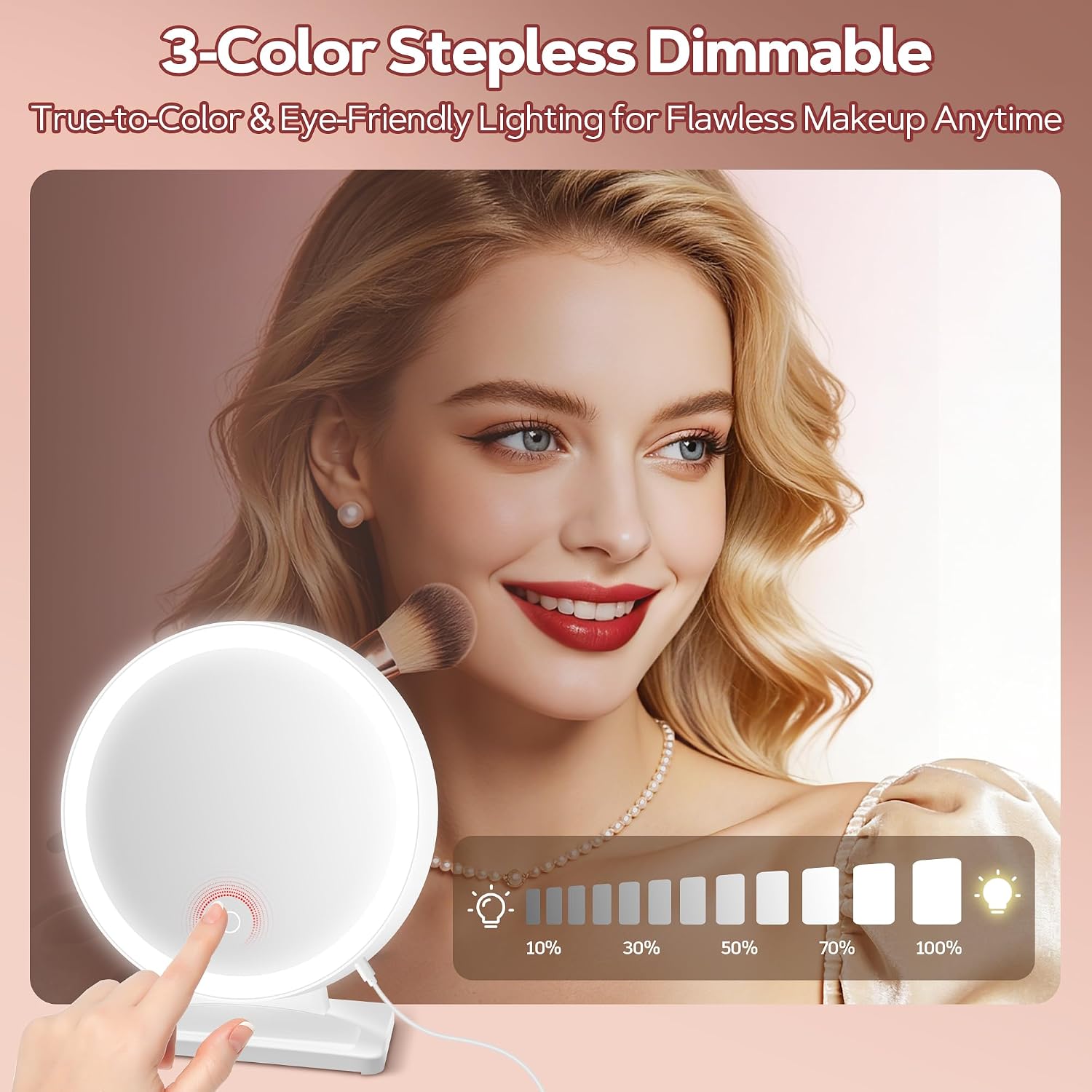 MIYADIVA Vanity Mirror with Lights, Lighted Makeup Mirror with 30X Magnification, 90 LED for 3 Color Lighting and Adjustable Brightness, Touch Screen, Bedroom Dorm Mirror with Phone Holder Stand
