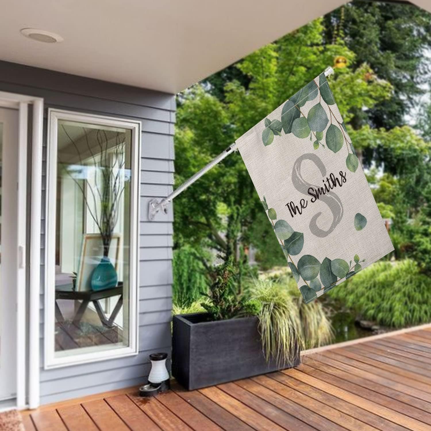 Smile Personalized Spring House Flag, Custom Monogram Initial Family Name and Year Leaves, Double Sided 28 x 40 Inch Rustic Farmhouse Burlap Yard Outdoor Decoration