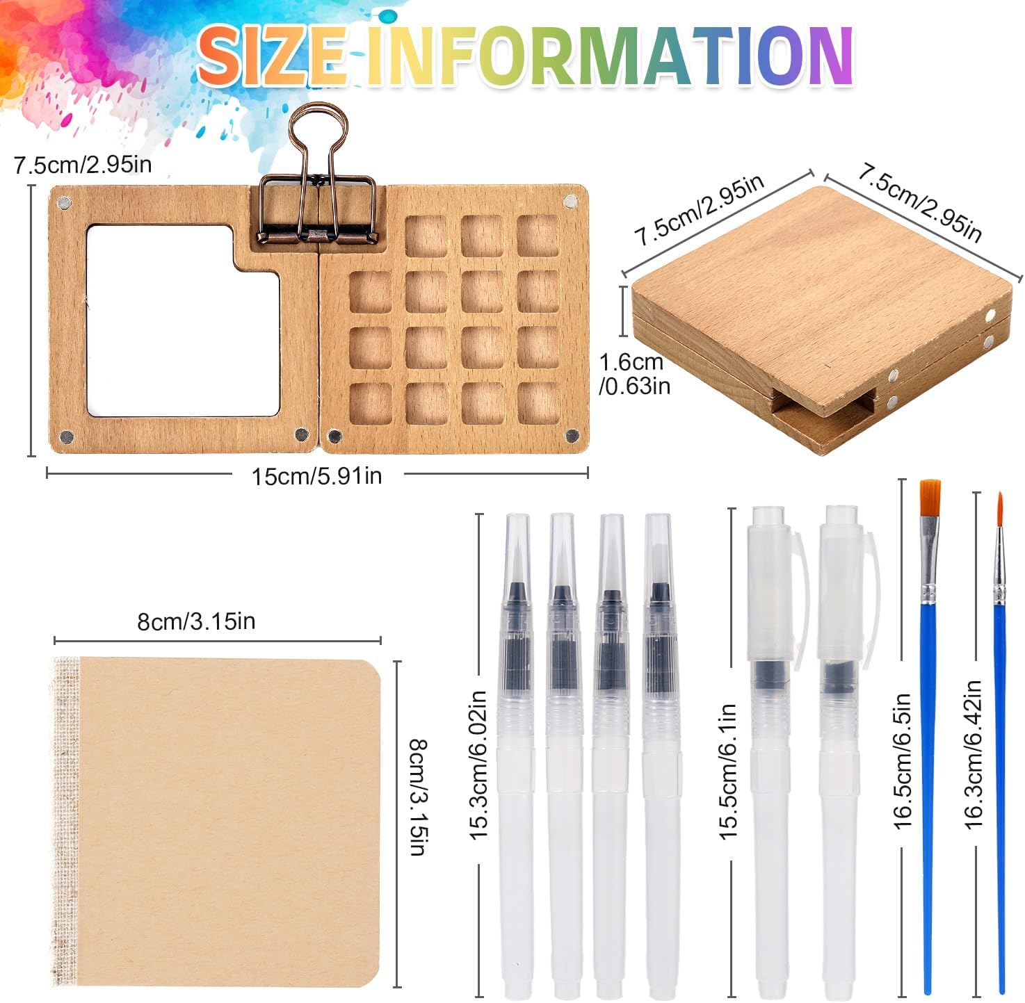 Mini Travel Watercolor Palette Set,Paint Palette Travel Kit,Pocket Watercolor Set with 24 Colors Paint,Brush*8, Sketchbook & Copper Clip,Wooden Paint Box for Beginners, Artists & Painting Enthusiasts