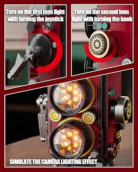 TYCOLE Retro Camera Building Set with LED, 719 Pieces, Twin-Lens Model | Warm LED twin lenses, flip-up viewfinder, visible film roll and gears – a display build for photography fans.