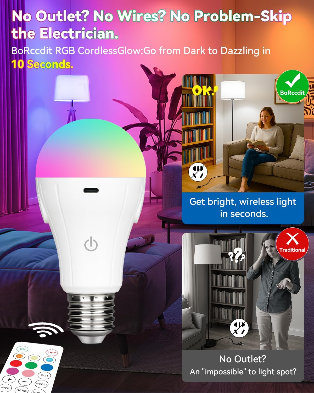 BoRccdit CordlessGlow Rechargeable Light Bulbs with Remote,5 RGB + 3 CCT Dimmable Battery Operated Light Bulb for Hardwired & Non-Wired Lamps Sconces,Presets + Custom Scenes,Up to 24 Hours, 4PK image 3