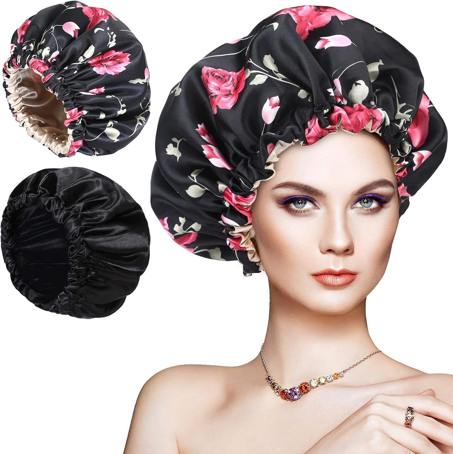 SEGANGLEY 2PCS Satin Bonnet,Extra Large Double Layer Reversible Adjustable Sleep Cap for Women