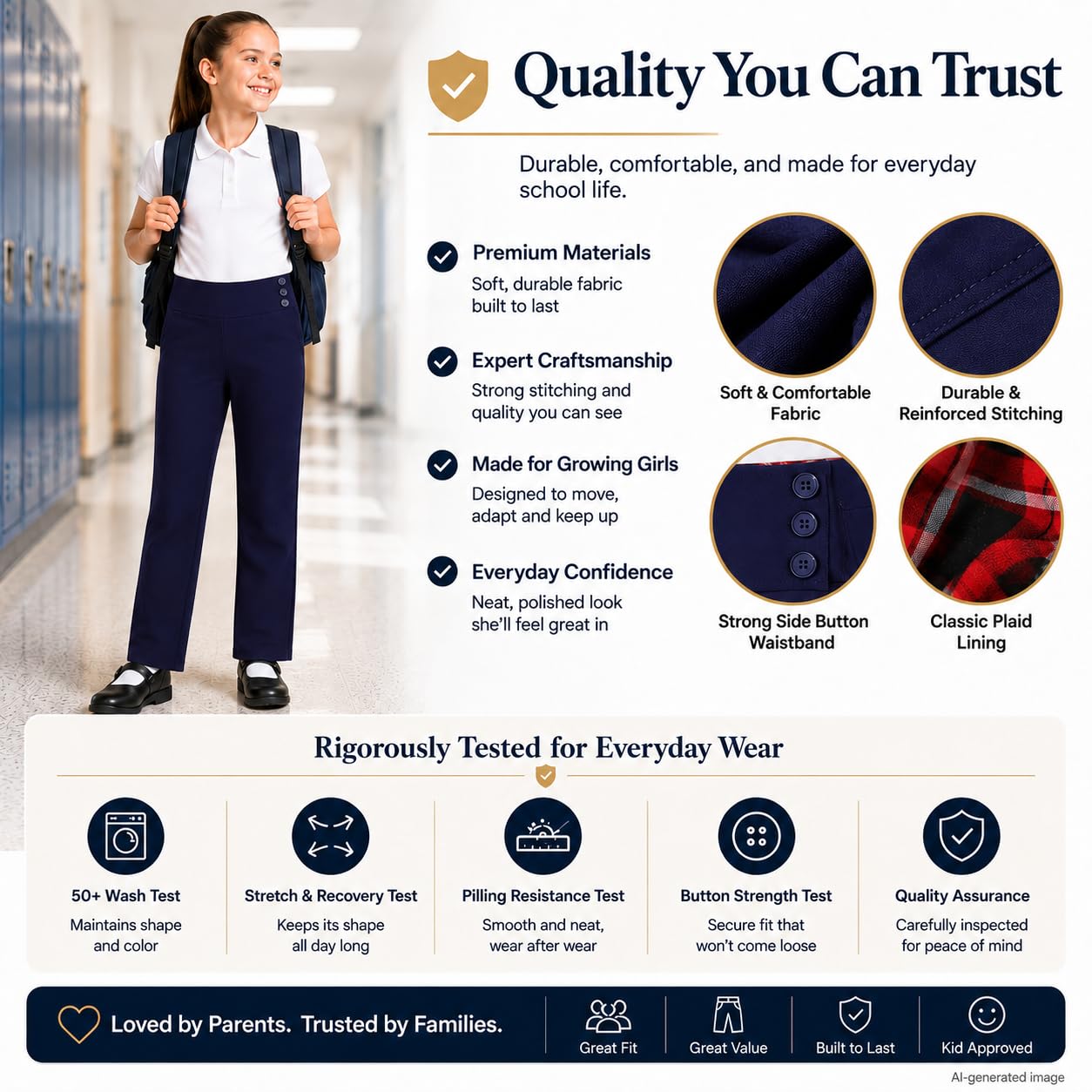 Bienzoe Chicas Escolar Uniforme Pantalones: Niñas Ajustable Cintura Duradero Pierna Recta Vestido Pantalones, Marina, 5