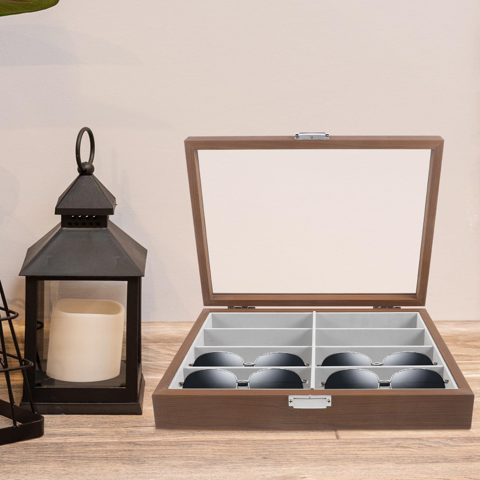 VILLCASE Scatola Porta Occhiali Contenitore Occhiali Trasparenti in Legno 8 Scomparti e Feltro Interno e Protezione Antigraffio per Vacanze Estive da Scrivania