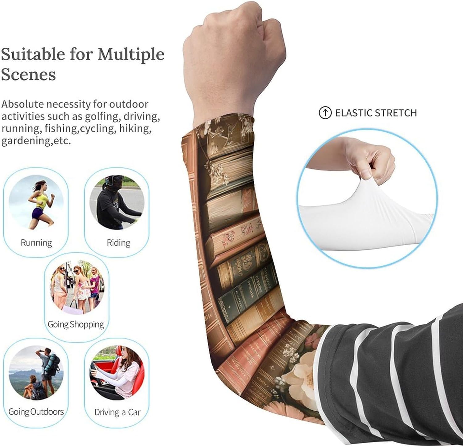 Book Flower Arm Sleeves Sun Protection Sleeves Sports Cooling Arm Compression Sleeve for Men Women
