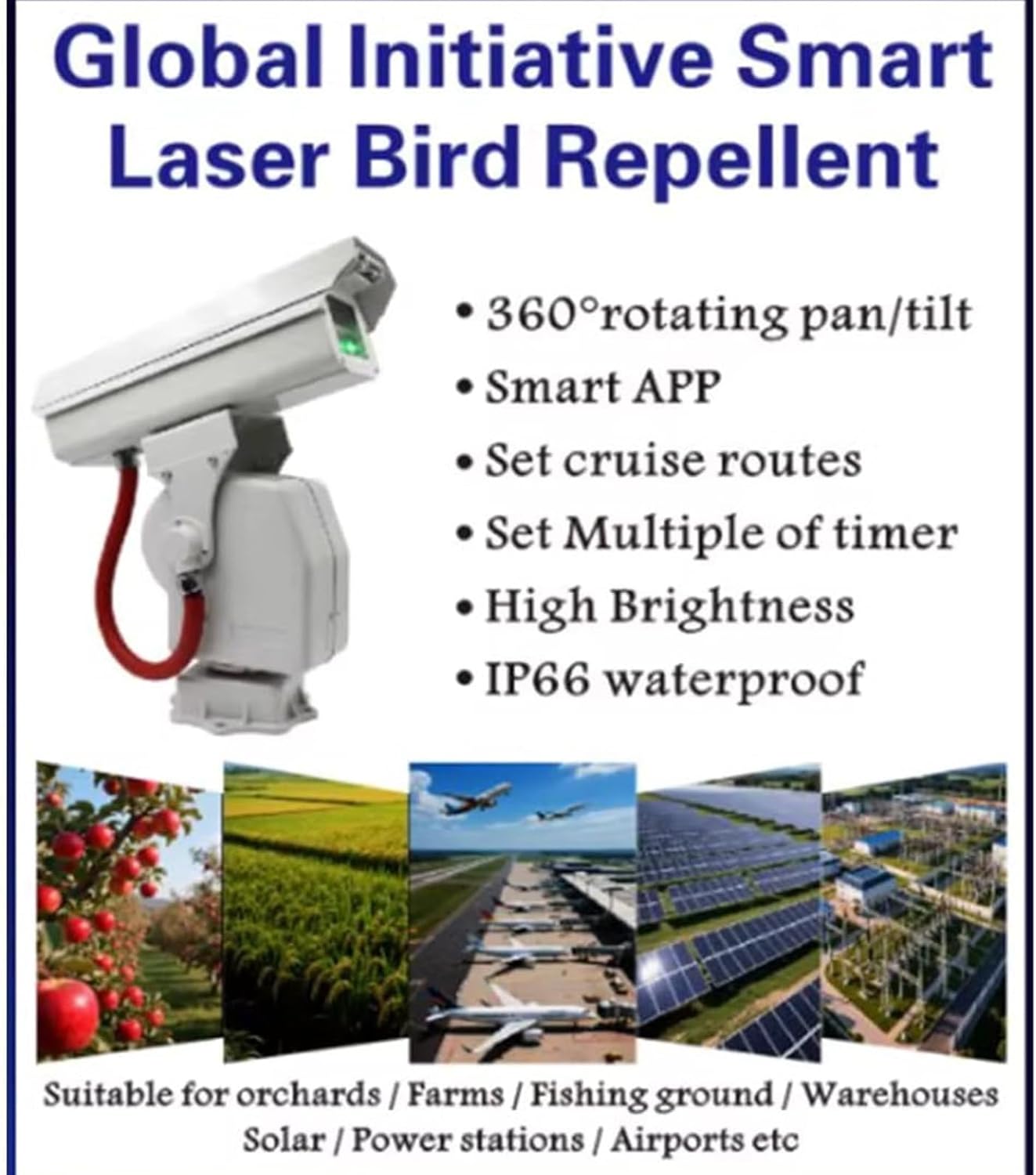 Automatic Bird Repellent Laser Deterrent 360° Rotation, APP Control, Waterproof, for Farms/Airports/Solar Farms, Humane Chase Pigeons/Starlings/Sparrows A