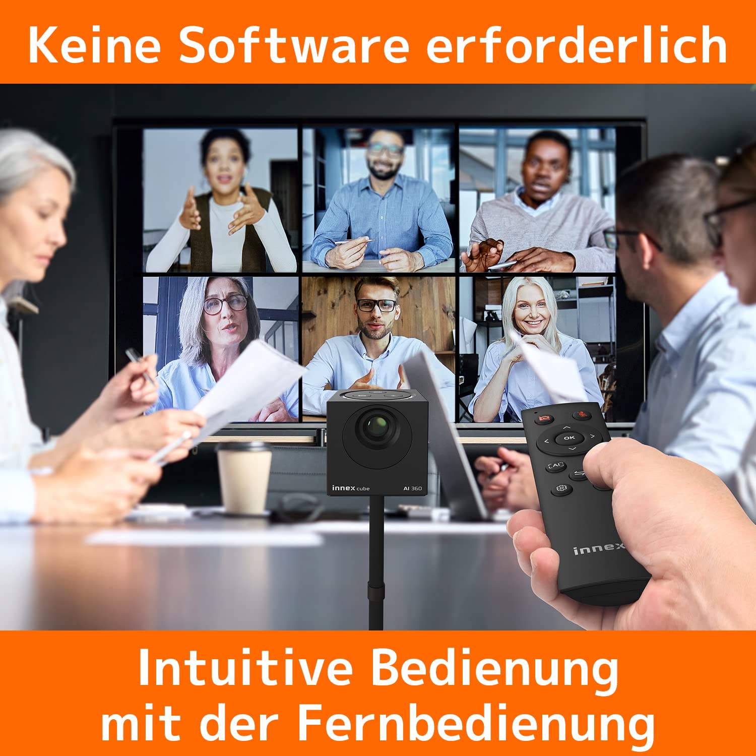 Innex Cube 4K 360° Videokonferenzkamera mit Mehreren KI-Modi | 2 Omnidirektionale Mikros, Fernbedienung, Plug & Play, Webcam für PC, Zoom, Teams, Open Space, Meetingraum