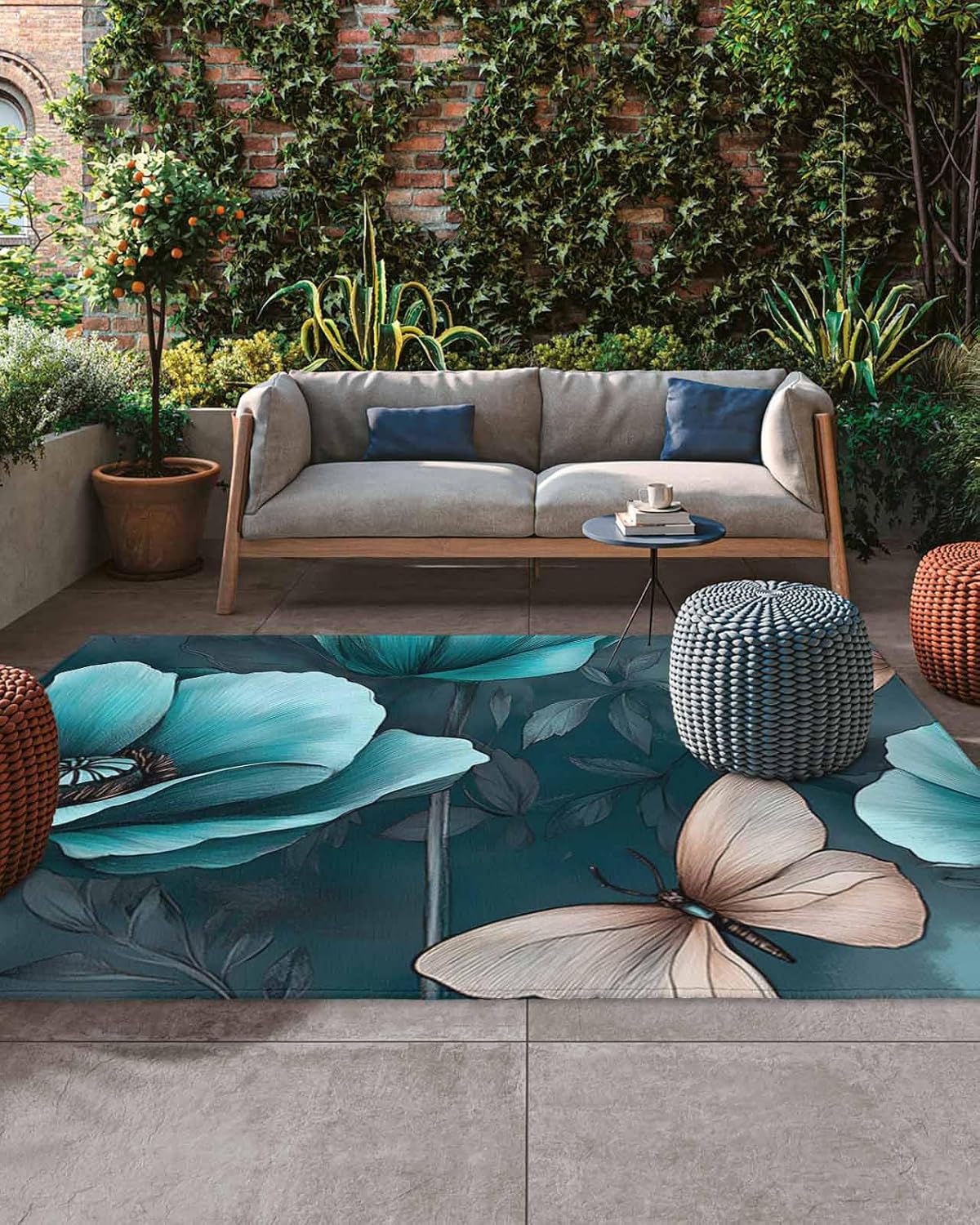 Turquoise Flower Butterfly 4x6 Outdoor Rug Waterproof for Patio Washable Outdoor Carpet Large Area Rug, Blossoming Tulip Patio Rug for Porch RV Picnic Backyard Deck Balcony Beach