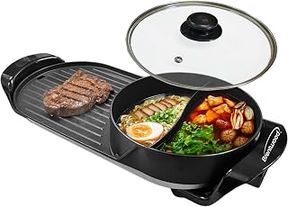 Brentwood 1200w 2-Quart 2-Sided Electric Hot Pot and 18” x 9” Korean BBQ Grill with Ceramic Non-Stick Surface, Adjustable Temperature, Removeable Drip Tray, and Vented Tempered Glass Lid, Black