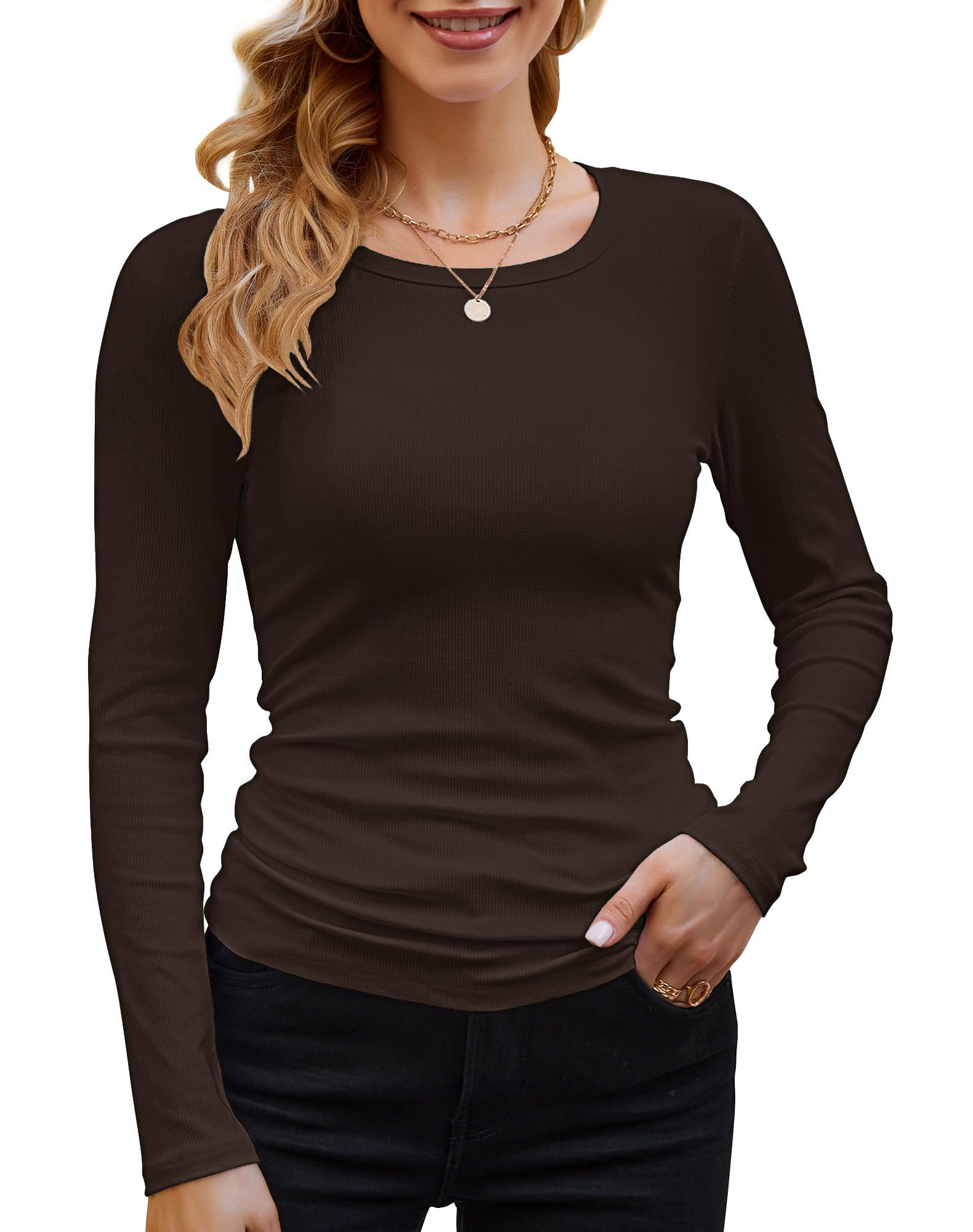 DUOEASE Langarmshirt Damen Basic Longsleeve Elegant Langarm Oberteile Rippshirt Tshirts Tops（Braun,S