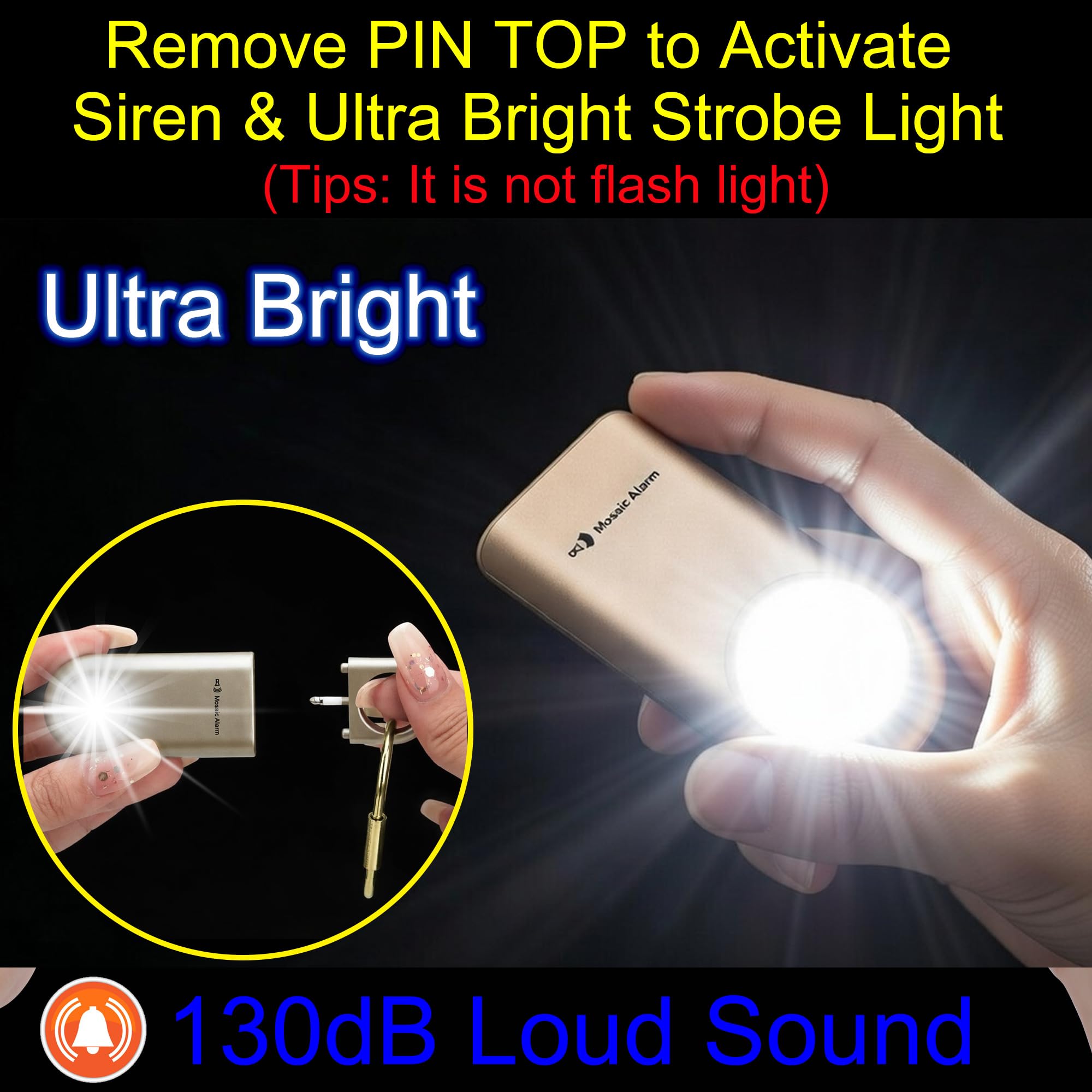 Alarma de seguridad personal de 130 dB, luz estroboscópica, llavero de sonido fuerte, sirena con mosquetón para mujeres, escolares, corredores nocturnos, senderismo. Disuasorio de alarma de oso.