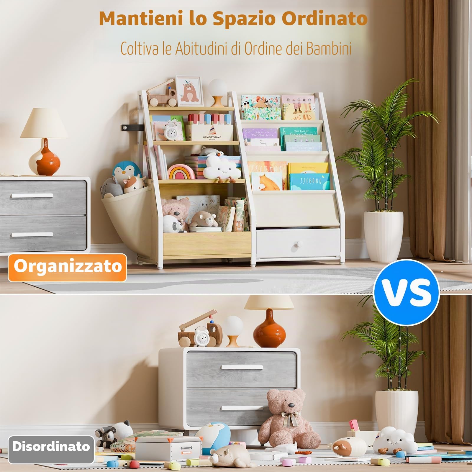 HAVLOTII Libreria per bambini e giocattoli – Scaffale per libri per bambini per la camera dei bambini, libreria per bambini per asilo nido, organizer per giocattoli Montessori, Burlywood