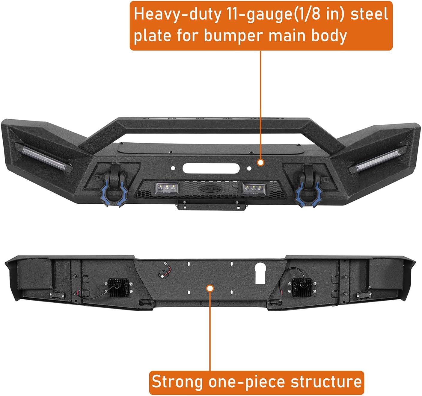 Hooke Road Gladiator Front and Rear Bumper Set for 2020-2026 Jeep Gladiator JT Pickup, Offroad Sturdy Steel Bumpers with Winch Plate, LED Lights & D-rings