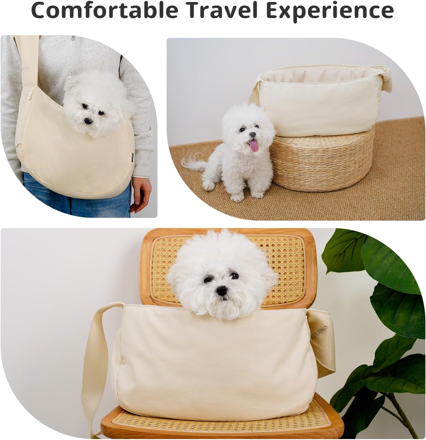 ONECUTE Dog Sling Carrier for Small Dogs and Cats, Lightweight Collapsible Pet Travel Bag with Adjustable Strap, Side Pockets & Breathable Mesh (Beige, 15.7" L x 5.9" W x 8.6" H)