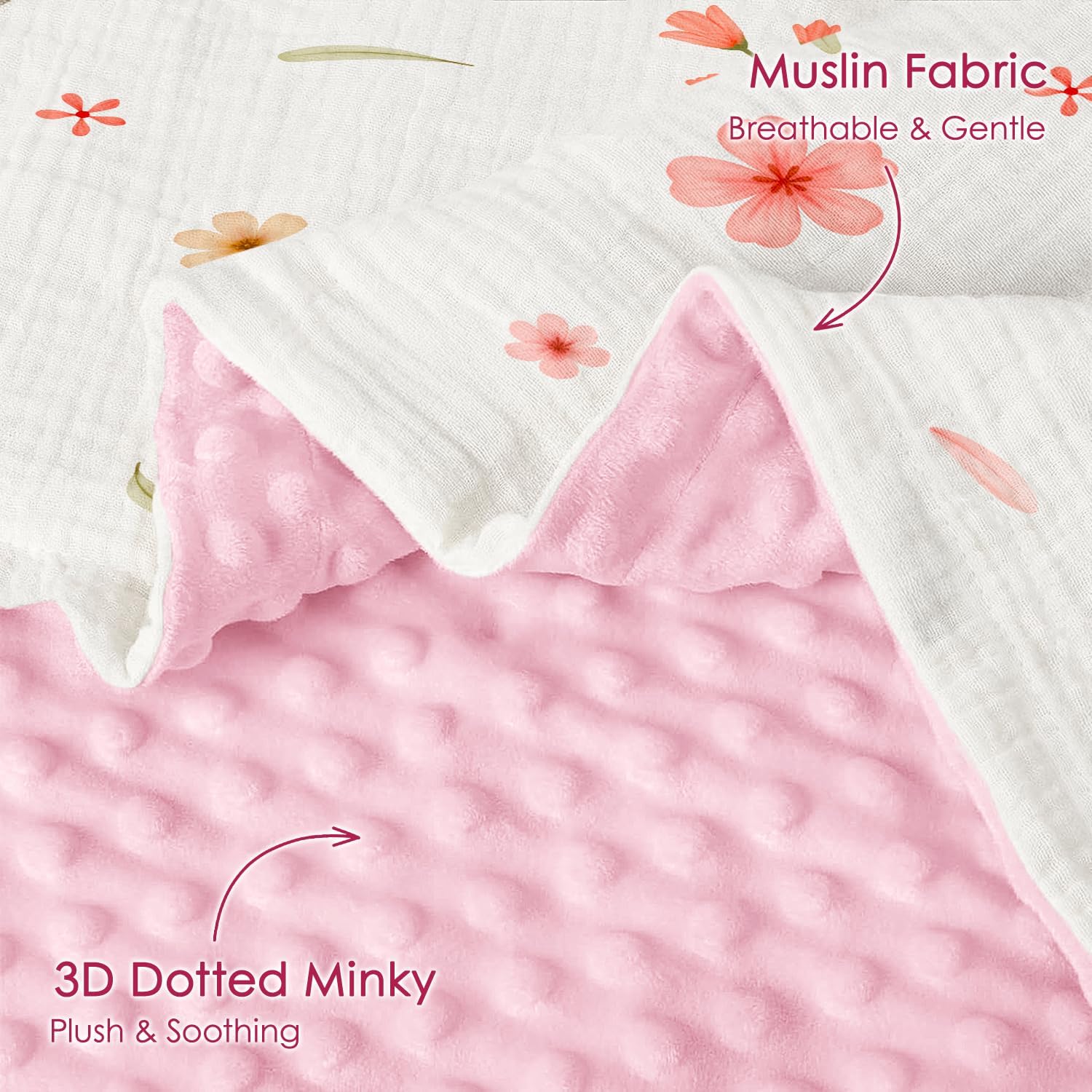 Floral Baby Blankets for Girls Newborn, Soft Nursery Minky Blankets with Muslin and Dotted Fleece Back 30x40 inches, Receiving Bed Quilt for Infants, Toddlers - Image 2