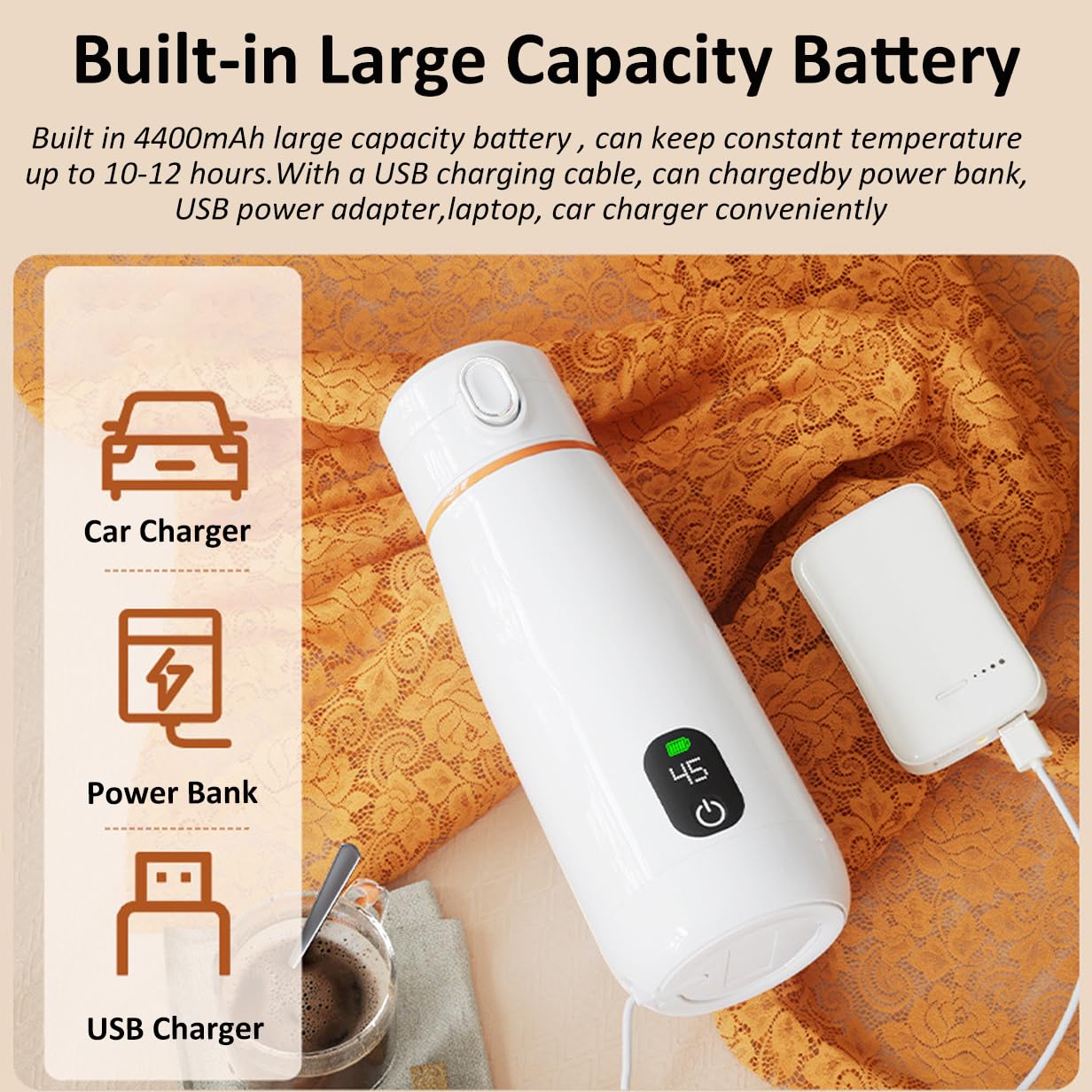 Portable Chauffe Biberon usb rechargeable Chauffe-Lait 350Ml Chauffe-Eau Pour Eau, Lait, Lait Maternel Tempérture Réglable 37°C a 55°C, Couvercle thermostatique pour la voiture, l'extérieur