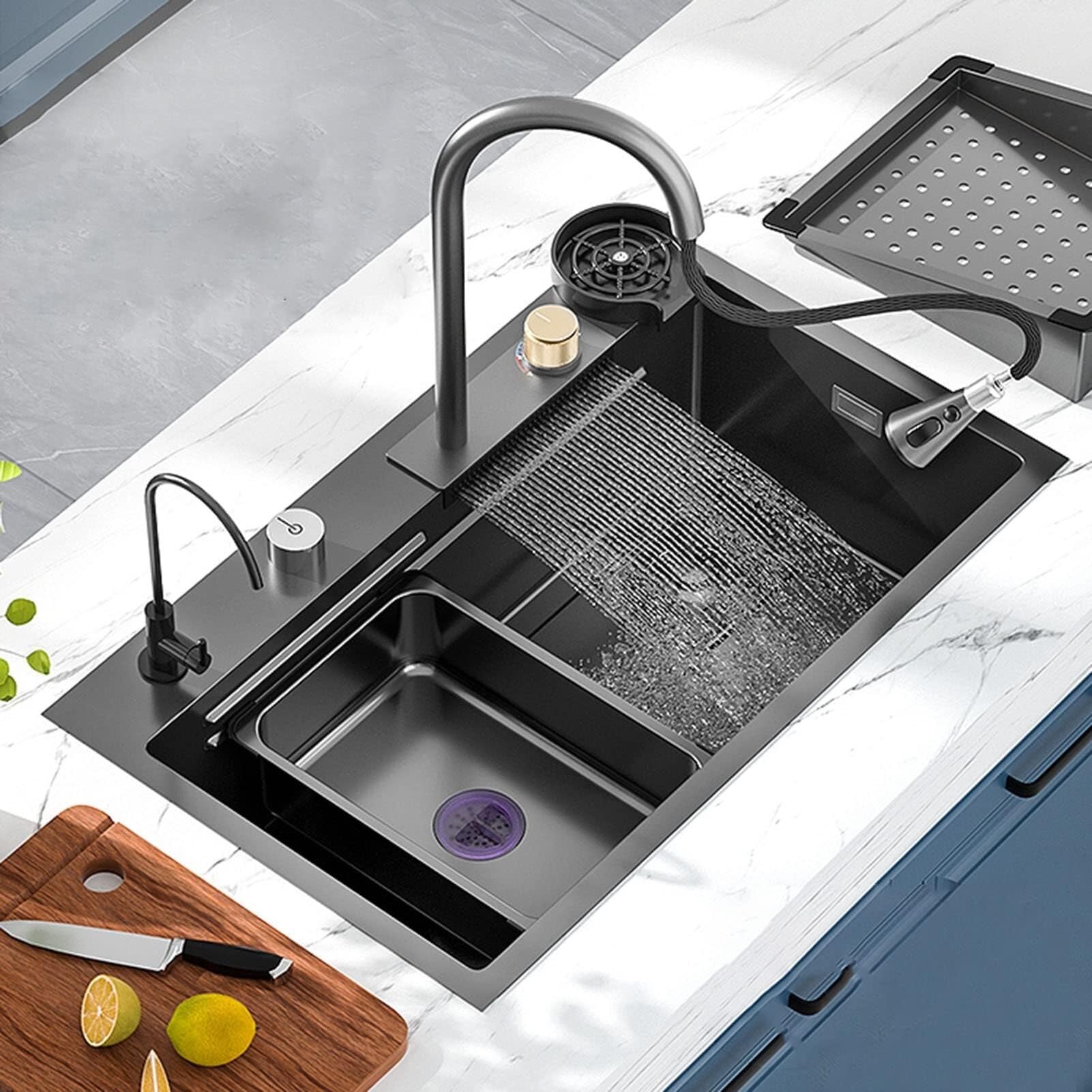 SDdPulse Waterfall Kitchen Sink with Pull-Out Faucet - Single Bowl Sink for Courtyard and Office Use, Complete Drainage Kit Included,Cup Washer-68X46Cm