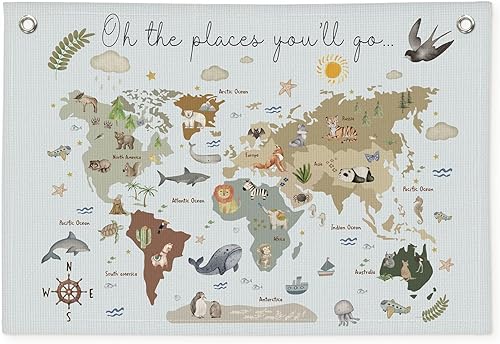 Miniatura 11 de Wheatwin Decoración de sala de juegos, pancarta de mapa del mundo para niños, mapas del mundo para pared, mapa del mundo, lindo tapiz de animales