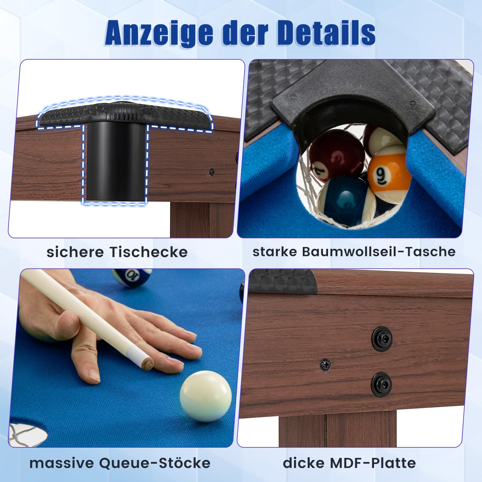 COSTWAY Billardtisch, Billlard Tisch aus Holz mit Zubehör, Pooltisch mit 2 Queues, 2 Kreiden & Dreieck & Bürste, Tischbillard Billard-Spiel für Kinder & Erwachsene, 122 x 61 x 76cm