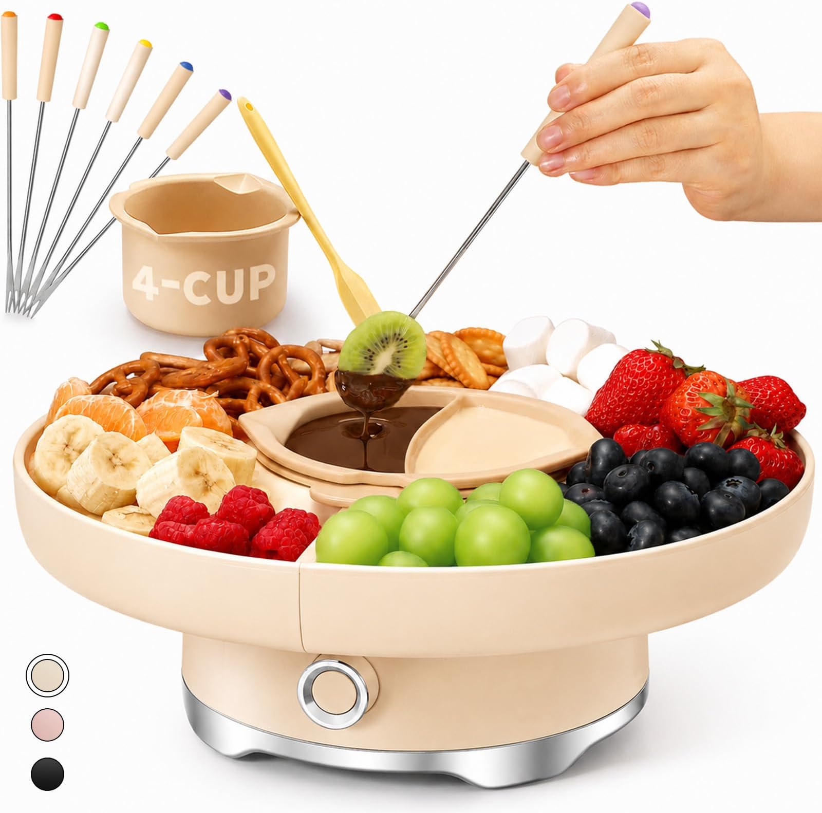 LUSHYUM Electric Chocolate Fondue Pot Set, 4-Cup Chocolate, Rotating Tray | Melt & Warm Modes, Dual Silicone Inserts, 6 Color-Coded Forks, Easy-Clean, Ideal for Candy Melts, Couple Family & Date Night